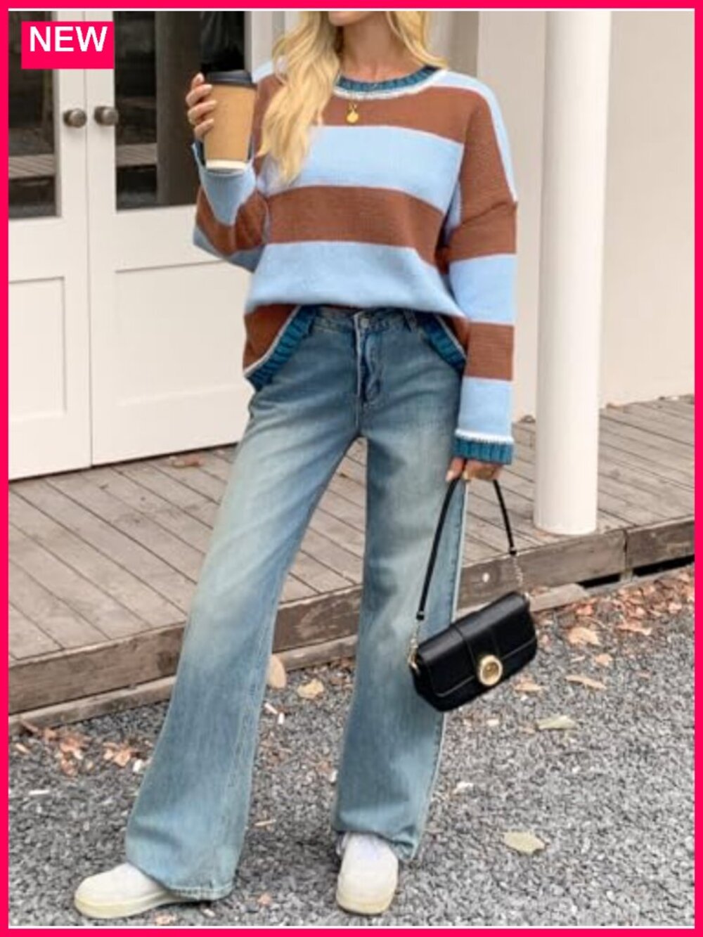 Oversized Knitted Striped Color Block Long Sleeve Crew Neck Pullover Sweater - Picture 4 of 6